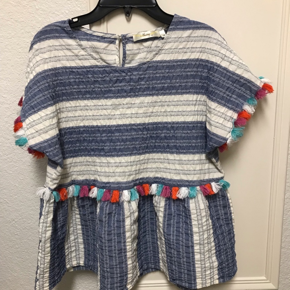 ANDREE BY UNIT Blue & White Striped Tassel Peplum Top